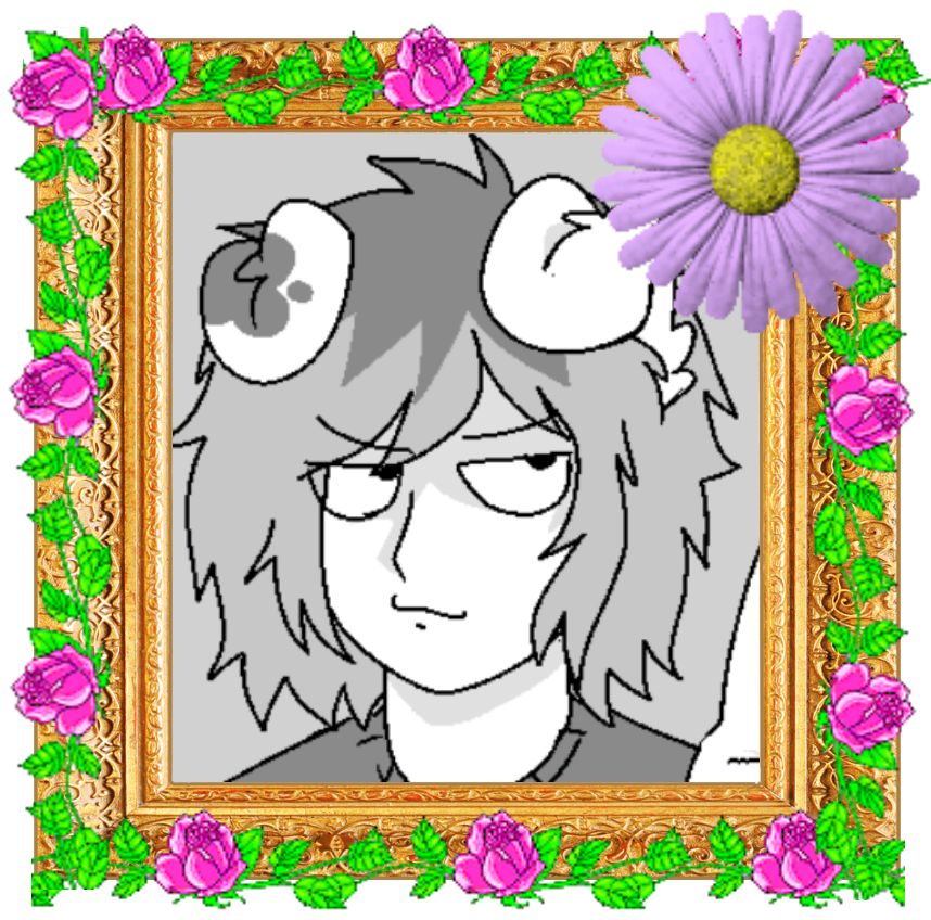
                             A frame with purple flowers wrapped around it, containing a black and white image of benny, a human with dog ears and a smug expression.