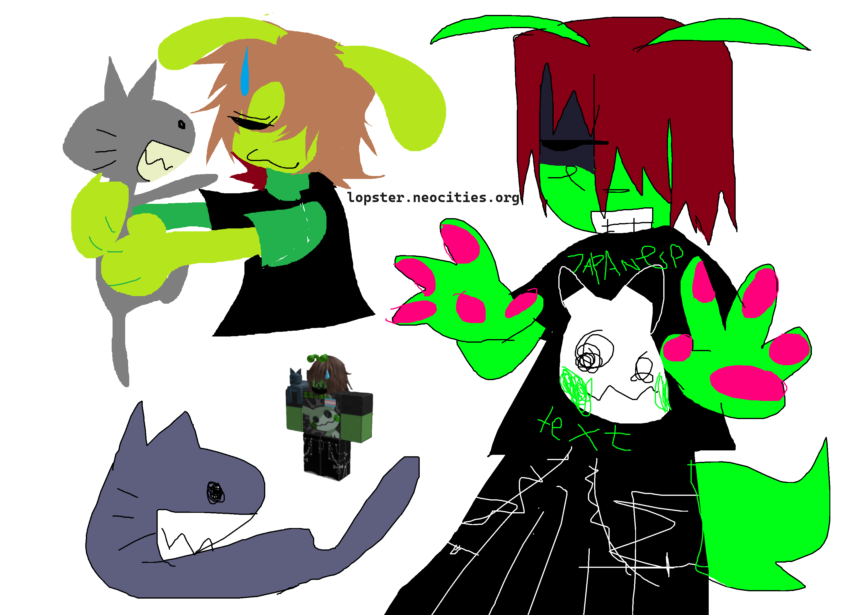 A variety of drawings in mspaint, with the largest on the right featuring a neon green humanoid with a furry tail and antennae. They have bright pink paw pads and wear tripp pants. The same character is drawn in a lineless style on the left, where they are holding a cat. This drawings  color palette is significantly lighter and less saturated. Below this is another drawing of a cat next to a roblox avatar that the green characters are based on.