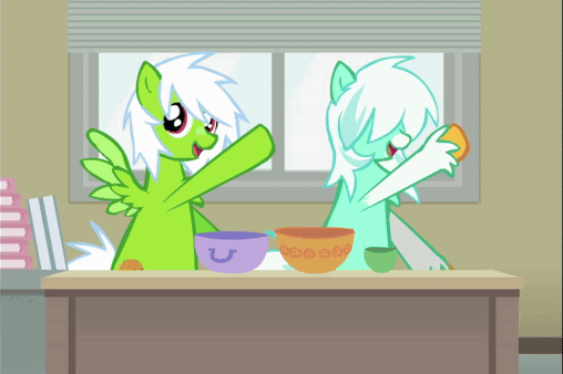 A gif of that pony dancing with a green white haired pony.