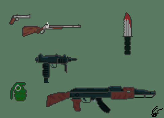 Pixel art of various guns.