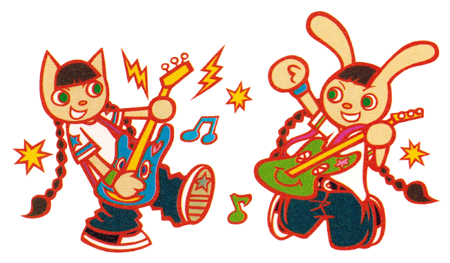 A cartoony drawing depicting a bunny girl and cat girl rocking out with guitars.