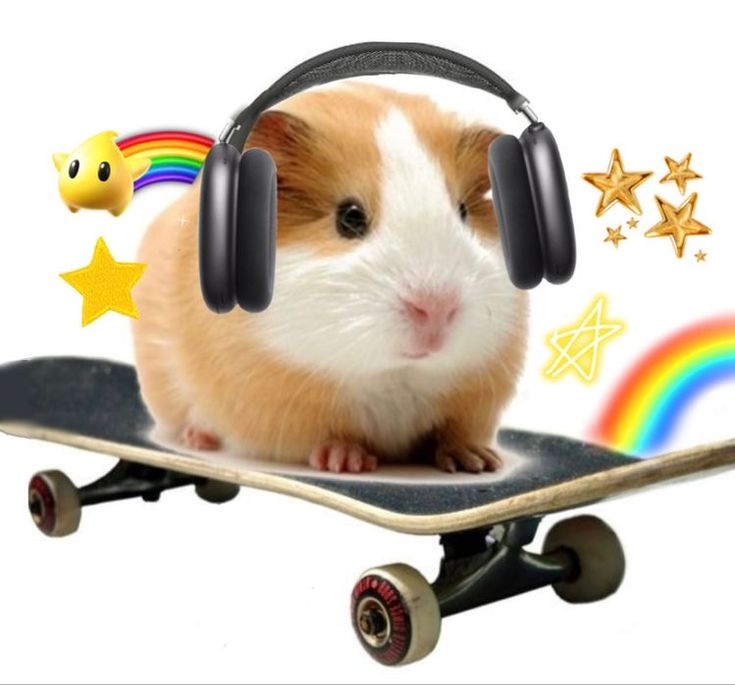 A guinea pig on a skateboard edited to wear headphones with various rainbows and stars surrounding it.