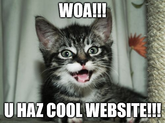 A picture of a kitten with superimposed text reading: WOA!!! / U HAZ COOL WEBSITE!!!