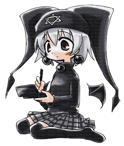 An anime girl dressed in all black. She's fiddling with a nintendo ds.